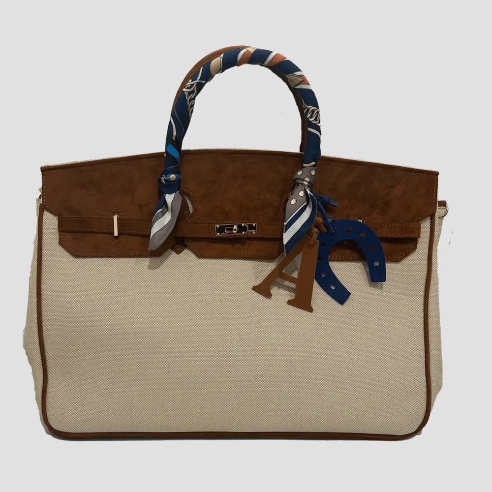 Brown and Cream Women's terrycloth Handbag